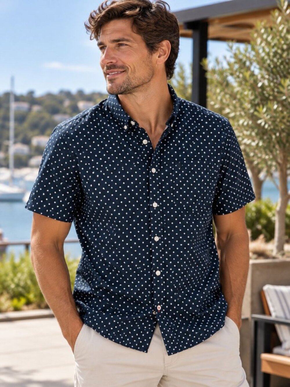 Original Penguin size Medium Navy Star Print Short Sleeve Button-Up Shirt